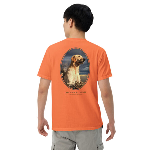 unisex-garment-dyed-heavyweight-t-shirt-burnt-orange-back-691ce8f5c2c86.jpg Person wearing orange Labrador Retriever t-shirt.