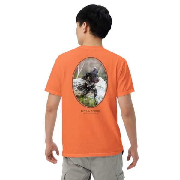 unisex-garment-dyed-heavyweight-t-shirt-burnt-orange-back-691cea48ef1e9.jpg Person wearing orange shirt with dog print.