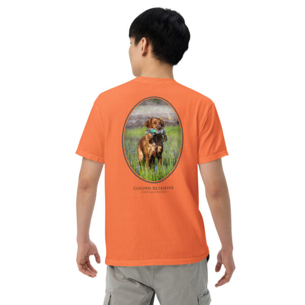 unisex-garment-dyed-heavyweight-t-shirt-burnt-orange-back-691ceb31ab7cd.jpg Man in orange shirt with dog photo on back.