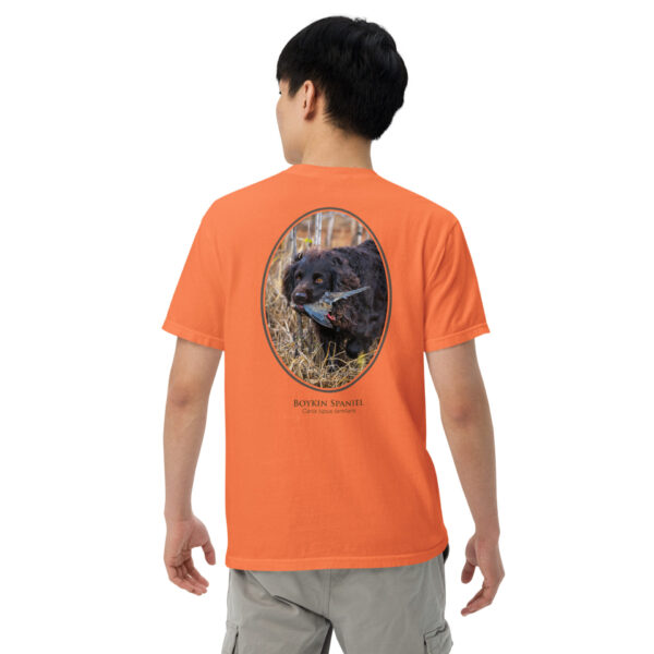 unisex-garment-dyed-heavyweight-t-shirt-burnt-orange-back-691cebbc01783.jpg Person wearing orange shirt with dog image.