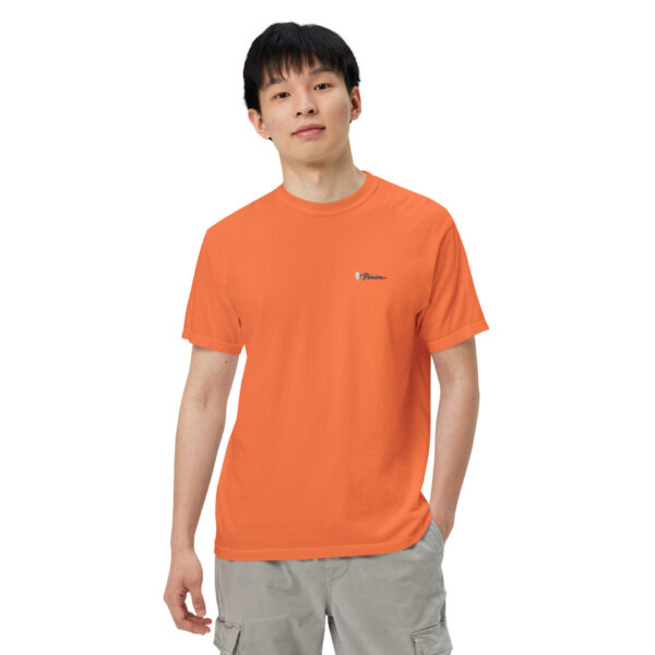 unisex-garment-dyed-heavyweight-t-shirt-burnt-orange-front-2-691ce80e3ec6e.jpg Person wearing orange t-shirt and gray shorts.