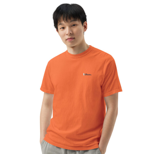unisex-garment-dyed-heavyweight-t-shirt-burnt-orange-front-3-691cebbc026dc.jpg Person in orange t-shirt with logo.