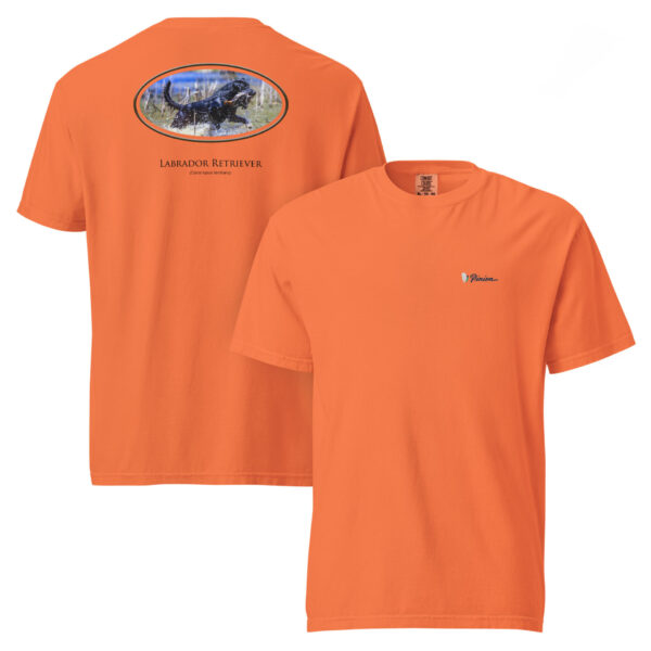 unisex-garment-dyed-heavyweight-t-shirt-burnt-orange-front-and-back-691cbf4db2596.jpg Orange T-shirt with Labrador Retriever graphic