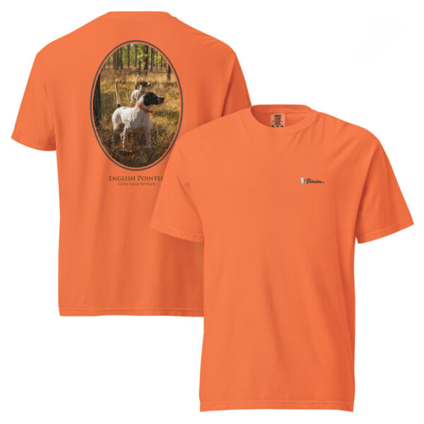 unisex-garment-dyed-heavyweight-t-shirt-burnt-orange-front-and-back-691ceece6c8cb.jpg Orange T-shirt with English pointer dog image
