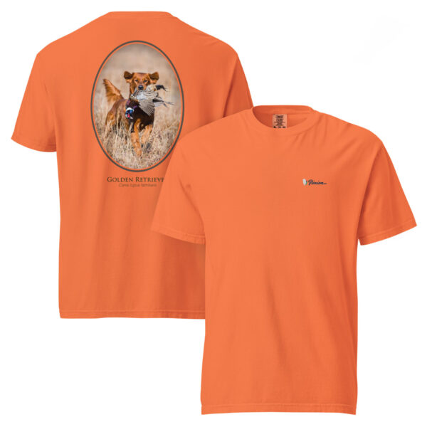 unisex-garment-dyed-heavyweight-t-shirt-burnt-orange-front-and-back-691cf043a8a43.jpg Orange T-shirt with dog hunting design.