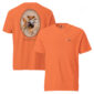 Orange T-shirt with dog hunting design.
