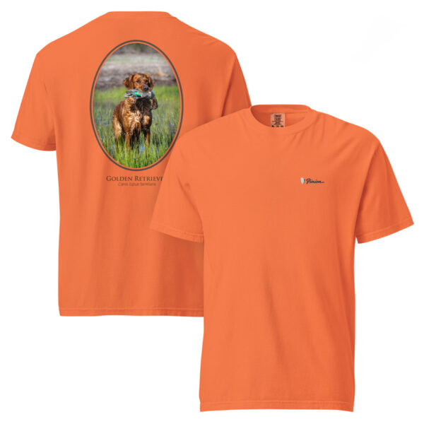 unisex-garment-dyed-heavyweight-t-shirt-burnt-orange-front-and-back-691cf227bd63a.jpg Orange T-shirt with Golden Retriever image design.