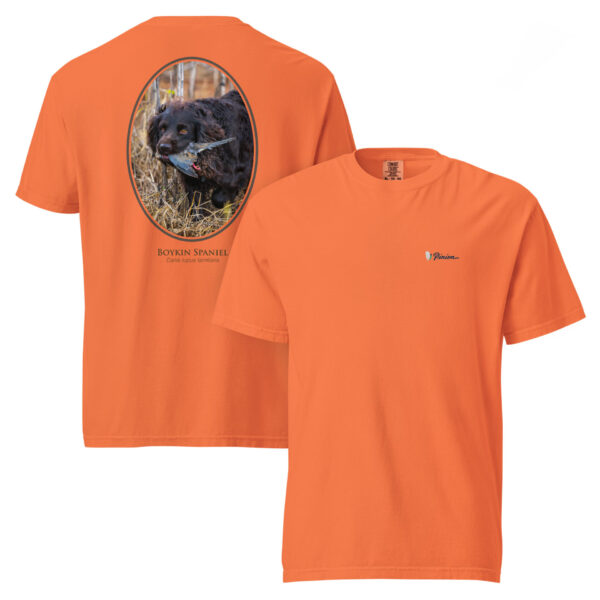 unisex-garment-dyed-heavyweight-t-shirt-burnt-orange-front-and-back-691cf326660af.jpg Orange shirt with Boykin Spaniel design.