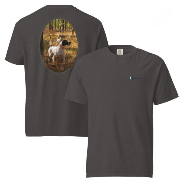 unisex-garment-dyed-heavyweight-t-shirt-graphite-front-and-back-691cee602220d.jpg Gray T-shirt with dog design on back.