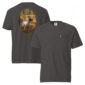 Gray T-shirt with dog design on back.