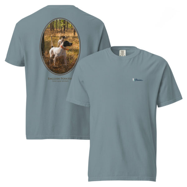 unisex-garment-dyed-heavyweight-t-shirt-ice-blue-front-and-back-691cee6023c1c.jpg Blue T-shirt with English Pointer dog design.