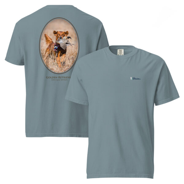 unisex-garment-dyed-heavyweight-t-shirt-ice-blue-front-and-back-691cef6c1ef7d.jpg Gray T-shirt with golden retriever design on back.
