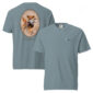 Gray T-shirt with golden retriever design on back.