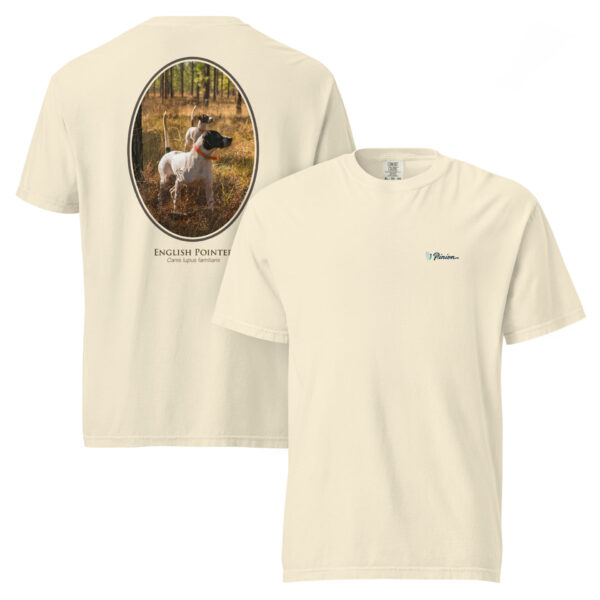 unisex-garment-dyed-heavyweight-t-shirt-ivory-front-and-back-691cee602e0f2.jpg Beige t-shirt with English Pointer dog design