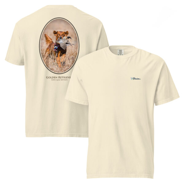 unisex-garment-dyed-heavyweight-t-shirt-ivory-front-and-back-691cef6c2bcdf.jpg T-shirt with Golden Retriever design and logo.