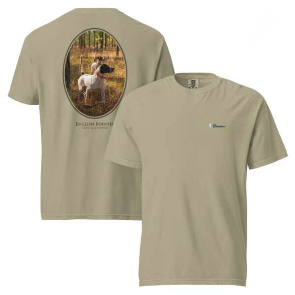 unisex-garment-dyed-heavyweight-t-shirt-khaki-front-and-back-691cee6027c86.jpg English Pointer graphic on beige T-shirt.