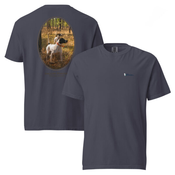 unisex-garment-dyed-heavyweight-t-shirt-navy-front-and-back-691cee6022ad4.jpg Gray t-shirt with hunting dog print design.