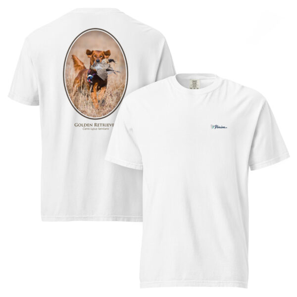 unisex-garment-dyed-heavyweight-t-shirt-white-front-and-back-691cef6c30f62.jpg White T-shirt with golden retriever design