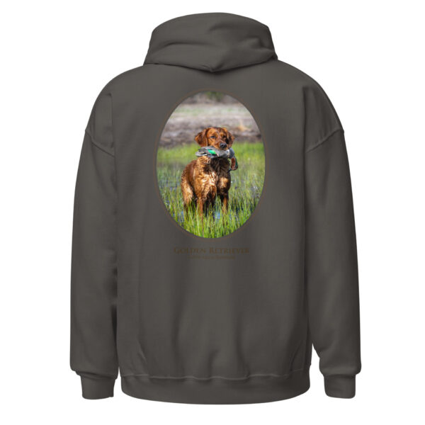 unisex-heavy-blend-hoodie-charcoal-back-6925c19b9ce14.jpg Hoodie featuring golden retriever with duck print.