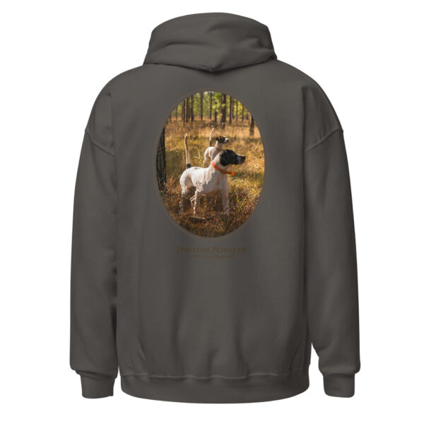 unisex-heavy-blend-hoodie-charcoal-back-6925ce0f44db3.jpg Gray hoodie with English Pointer dogs design.