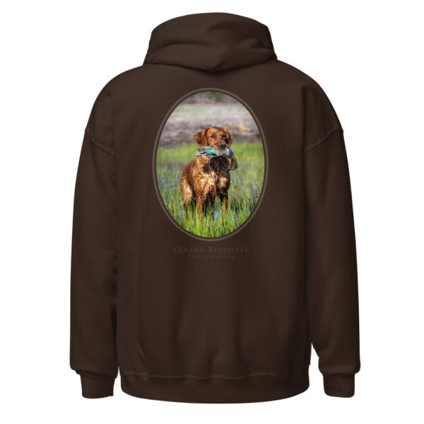 unisex-heavy-blend-hoodie-dark-chocolate-back-6925c19b969f8.jpg Brown hoodie with Golden Retriever graphic.