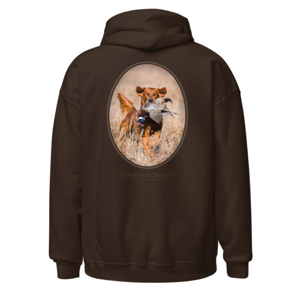 unisex-heavy-blend-hoodie-dark-chocolate-back-6925f9e99c6ac.jpg Golden Retriever on brown sweatshirt with pheasant