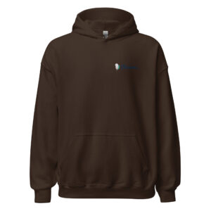 Brown hoodie with small feather logo.