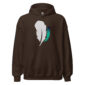 Brown hoodie with feather design on front.