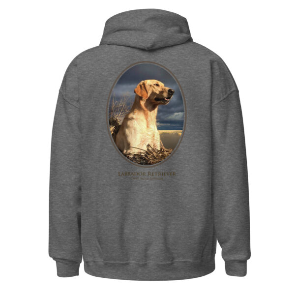 unisex-heavy-blend-hoodie-graphite-heather-back-6925c2a9d2f70.jpg Gray hoodie with Labrador Retriever image.