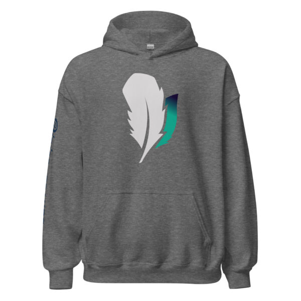Gray hoodie with white feather logo