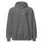 Gray hoodie with blue feather logo.