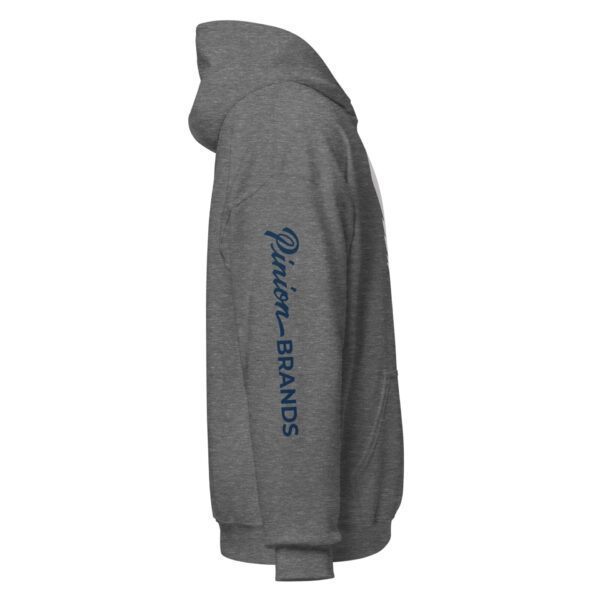 unisex-heavy-blend-hoodie-graphite-heather-right-6925f8f281b5e.jpg Gray hoodie with logo on sleeve, side view.
