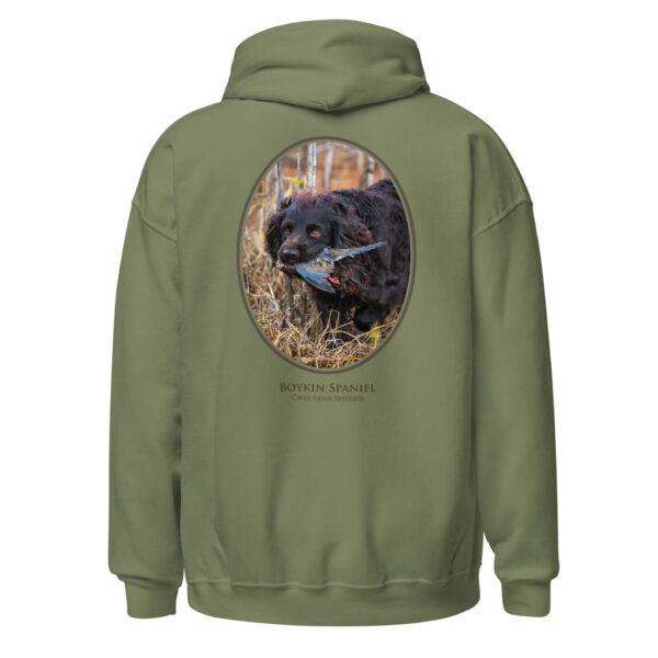 unisex-heavy-blend-hoodie-military-green-back-6925bd6403ff1.jpg Olive hoodie with Boykin Spaniel dog image.