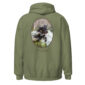 Boykin Spaniel on green sweatshirt, jumping in water.