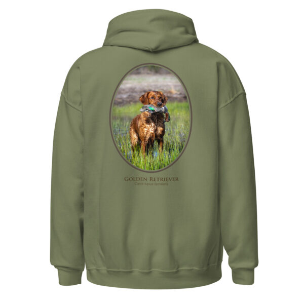 unisex-heavy-blend-hoodie-military-green-back-6925c19bc406a.jpg Sweatshirt with golden retriever print retrieving toy.