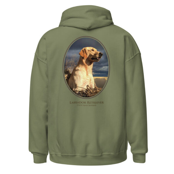 unisex-heavy-blend-hoodie-military-green-back-6925c2aa098dc.jpg Green hoodie with Labrador Retriever design