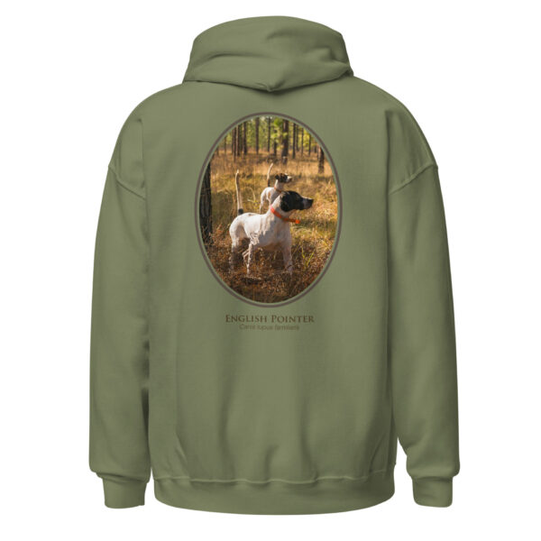 unisex-heavy-blend-hoodie-military-green-back-6925ce0f88187.jpg Olive hoodie with English Pointer design.