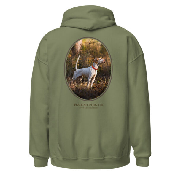 unisex-heavy-blend-hoodie-military-green-back-6925f83440a8c.jpg Green hoodie with English Pointer design
