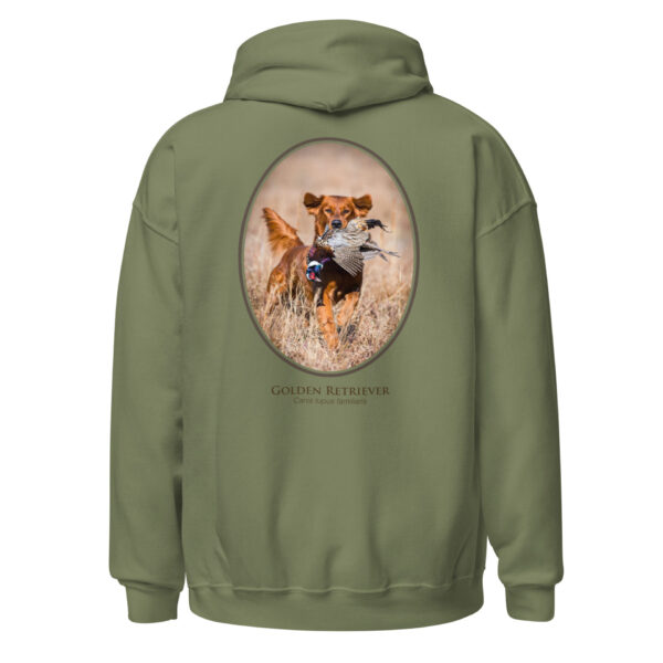 unisex-heavy-blend-hoodie-military-green-back-6925f9e9c7079.jpg Hoodie featuring a running Golden Retriever with pheasant.