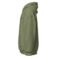 Side view of olive green hoodie.