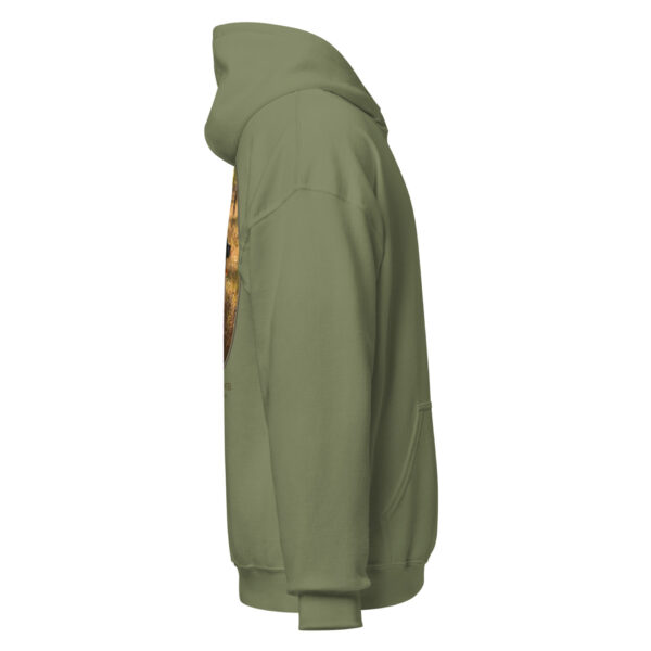 unisex-heavy-blend-hoodie-military-green-right-6925ce0f97404.jpg Side view of green hoodie with pocket.