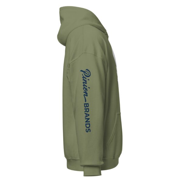 unisex-heavy-blend-hoodie-military-green-right-6925f8f2a2f3e.jpg Green hoodie with logo on sleeve, side view.