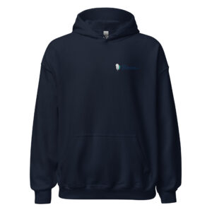 Navy blue hoodie with small logo on chest.