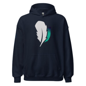 Navy hoodie with feather design on front.