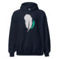 Navy hoodie with feather design on front.