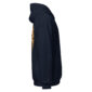 Side view of black hoodie with design