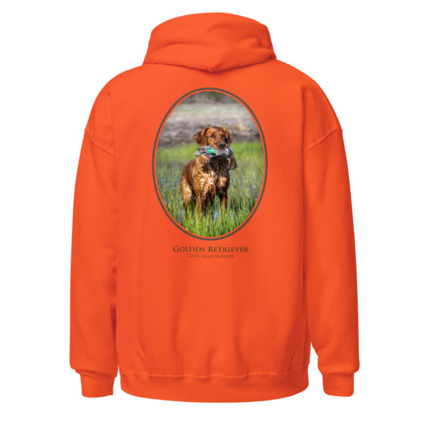 unisex-heavy-blend-hoodie-orange-back-6925c19bb6c69.jpg Orange hoodie with Golden Retriever design.