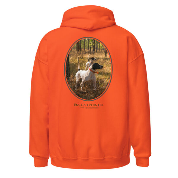 unisex-heavy-blend-hoodie-orange-back-6925ce0f6b289.jpg Orange hoodie featuring English Pointer dogs design.
