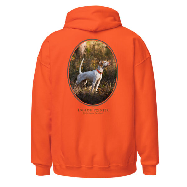 unisex-heavy-blend-hoodie-orange-back-6925f834323e3.jpg Orange hoodie with English Pointer design