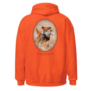 Orange hoodie with golden retriever design.